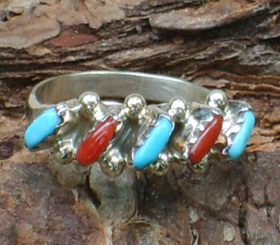 American Indian Ring Turquoise & Coral  - sz 6.25
